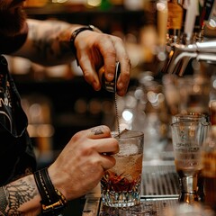 Poster - A bartender using a jigger to measure ingredients while mixing a drink.