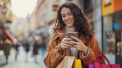 Poster - A beautiful young woman smiling as she uses her smartphone while holding shopping bags in one hand.