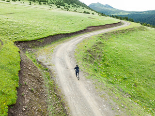 Wall Mural - Aerial view of woman riding mountain bike on flowering grassland mountain trail