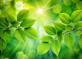 Wall Mural - Vibrant fresh green leaves on a blurred natural background, creating a peaceful atmosphere, with plenty of copyspace for text or design, perfect for creative banners.