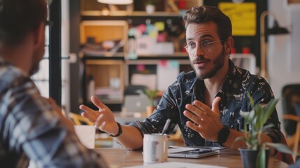 Wall Mural - Business consultant giving advice to a startup founder, illustrating the role of mentorship in business