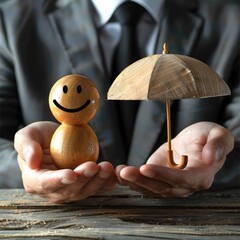 Poster - A businessman holding a smile wooden figure in one hand and a virtual umbrella in the other. 