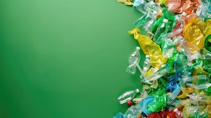 Canvas Print - Plastic waste pile on green background with copy space