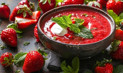 Canvas Print - A bowl of red soup with a green garnish of mint and strawberries