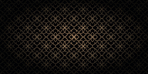 Elegant Dark and Gold Arabian Geometric Background - Beige Oriental Ornamental Pattern with Islamic Vignette for Poster, Brochure, Flyer, and Print