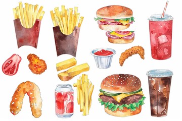 Canvas Print - A watercolor drawing of a variety of fast food items and drinks