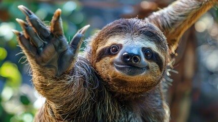 Wall Mural - Close-up of a baby sloth hanging from a tree branch, surrounded by lush green leaves