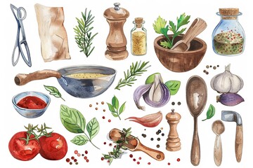 Canvas Print - A watercolor painting of various kitchen utensils and ingredients