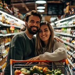 Poster - A cheerful couple standing in a supermarket aisle, leaning on their grocery-filled shopping cart and looking at the camera.