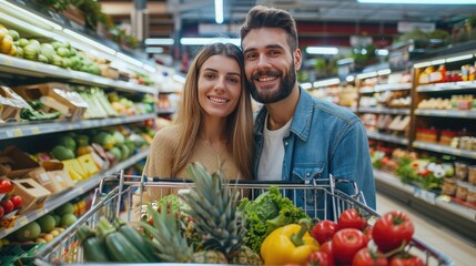 Poster - A cheerful couple posing in a supermarket with a shopping cart filled with fresh produce and other groceries, looking at the camera.