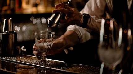 Poster - A close-up of a bartender's hands expertly stirring a drink with a bar spoon. 