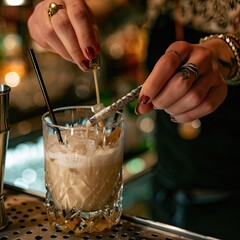 Poster - A close-up of a bartender's hands expertly stirring a drink with a bar spoon. 