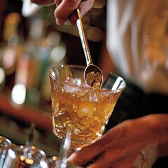 Poster - A close-up of a bartender's hands expertly stirring a drink with a bar spoon. 
