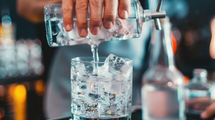 Poster - A close-up of a bartender's hands mixing a drink in a glass with ice. 