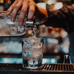 Poster - A close-up of a bartender's hands pouring a drink over ice in a glass.