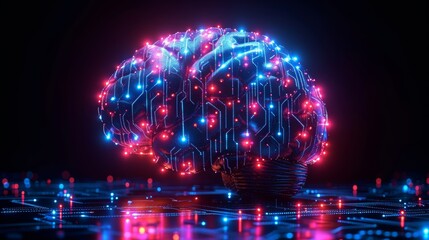 Poster - Artificial intelligence brain with neon lights and circuit board, futuristic concept