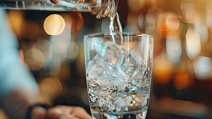 Poster - A close-up of a bartender's hands pouring a drink over ice in a glass. 