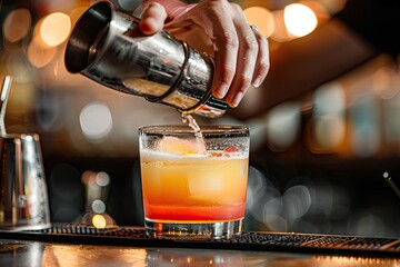 Poster - A close-up of a bartender's hands pouring a layered cocktail into a glass. 