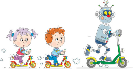 Wall Mural - Happy little kids and a funny toy robot merrily riding their scooters on a playground in a park, vector cartoon illustration isolated on a white background