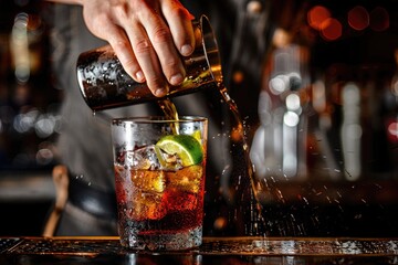 Poster - A close-up of a bartender's hands pouring a layered cocktail into a glass. 
