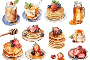 Canvas Print - A collection of various types of pancakes with fruit toppings