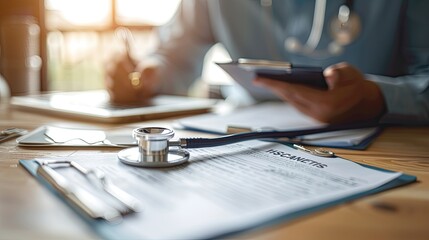 Poster - A close-up of a stethoscope and a health insurance document on a desk.