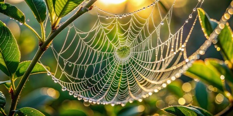 Delicate threads of dew-kissed spider web glisten in morning light, intricately woven across a verdant leaf, showcasing nature's intricate beauty and ephemeral elegance.