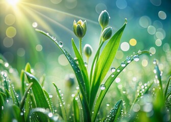 Wall Mural - Fresh green grass plant bud with delicate leaves and stems, adorned with sparkling water droplets, set against a soft, blurred natural background.
