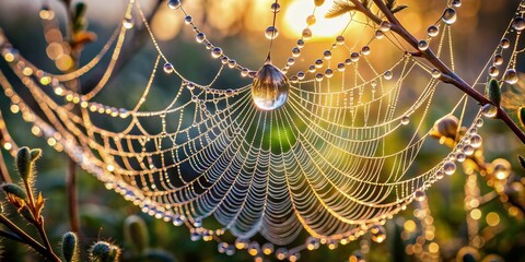 Delicate spider web glistens with tiny dew drops, intricate threads sparkling like diamonds against a soft, misty morning background, natural beauty at its finest.