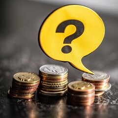 Aufkleber - A close-up of a yellow speech bubble with a question mark resting on top of coin stacks. 