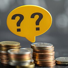 Aufkleber - A close-up of a yellow speech bubble with a question mark resting on top of coin stacks. 
