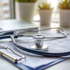 Poster - A close-up of a stethoscope and a health insurance document on a desk. 
