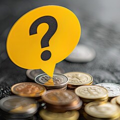 Aufkleber - A close-up of a yellow speech bubble with a question mark resting on top of coin stacks.