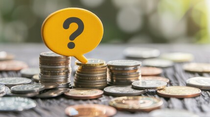 Aufkleber - A close-up of a yellow speech bubble with a question mark resting on top of coin stacks. 