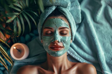 Canvas Print - A woman is laying on a towel with a green mask on her face