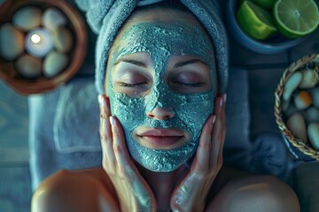 Poster - A woman is applying a blue face mask