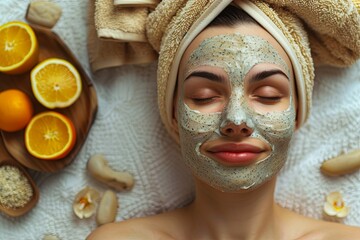 Poster - A woman is laying down with a face mask on her face