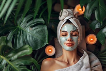 Poster - A woman is laying in a bed of leaves with candles around her