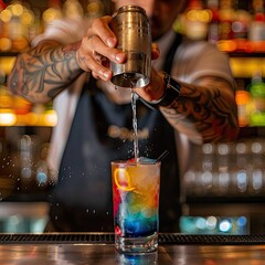 Poster - A bartender mixing a colorful cocktail in a shaker behind the bar. 