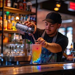 Poster - A bartender mixing a colorful cocktail in a shaker behind the bar. 