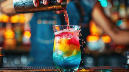 Poster - A bartender mixing a colorful cocktail in a shaker behind the bar. 
