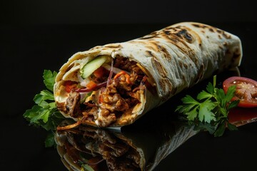 Wall Mural - A Partially Unwrapped Tortilla Filled with Meat, Vegetables, and Sauce