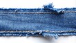 © Wanlop - Ripped blue jean fragment with frayed edges and visible threading lies isolated on a clean, uncluttered, pure white background.