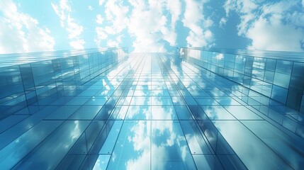 Wall Mural - Glass Building Exterior with Blue Sky and Clouds Reflection - 3D Render