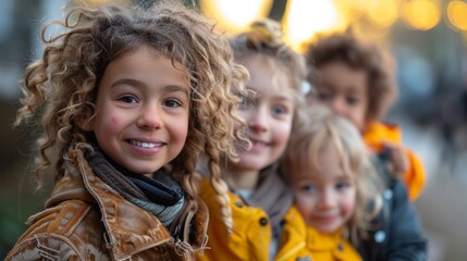 Happy Children In Line During Outdoor Activity On Sunny Day