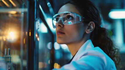 Wall Mural - A woman wearing a lab coat and goggles is looking into a machine