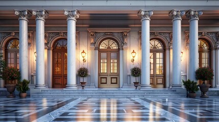 Poster - Classic Building Entrance with White Marble Columns - 3D Illustration