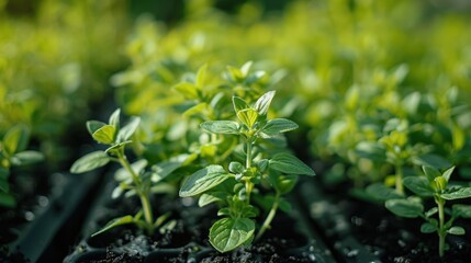 Wall Mural - Close-up view of young green herb plants with fresh leaves growing in a garden, basking in sunlight, showcasing vibrant, healthy greenery