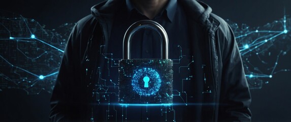 Cybersecurity concept A businessman holding a glowing digital padlock within a network of connected points, symbolizing data protection, internet security, and encrypted information technology.