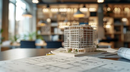 Poster - Architectural model of a high-rise building on a desk with blueprints. Design and construction planning in a modern office.